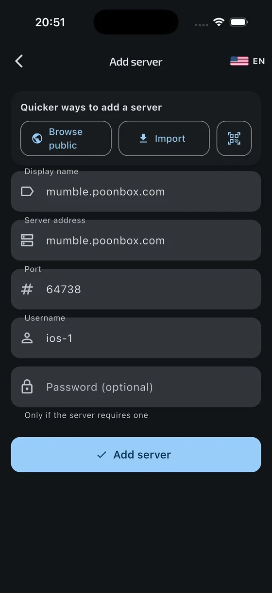 The same form on iPhone, already filled in from a mumble:// link:
              display name, address, port and username, with the add button
              below.