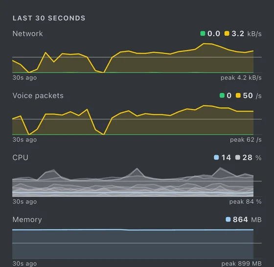 Four history graphs — network, voice packets, CPU and memory —
              each with its current value, a thirty-second trace and a peak
              beneath it.