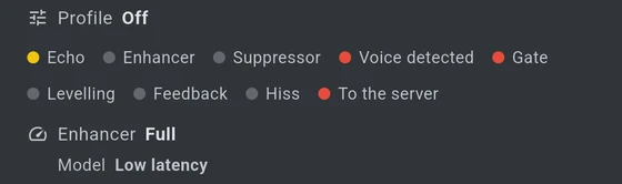 The profile in force, then two rows of coloured dots labelled
              echo, enhancer, suppressor, voice detected, gate, levelling,
              feedback, hiss and to the server, and below them the enhancer's
              effort and which model it is running.