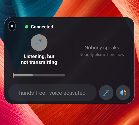 The call floating over the home screen: a close cross in the top
         left corner, a connected light, the microphone meter, whether anyone
         is speaking, the route and mode, and mute and deafen buttons.