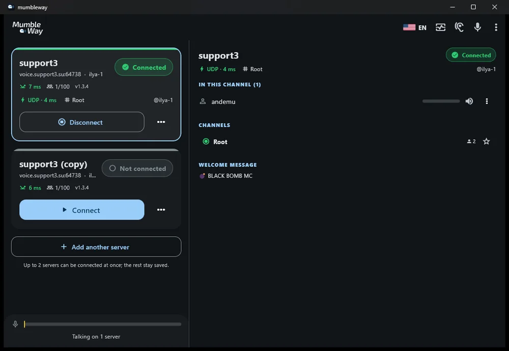 MumbleWay on Windows: saved servers on the left with latency and
         the UDP round trip, the channel and its members on the right, and
         the microphone meter along the bottom.