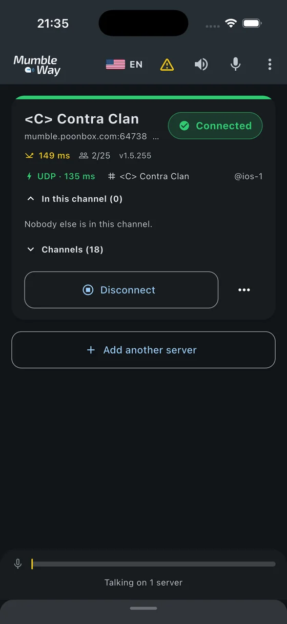 The main screen on iPhone connected to a public server, showing
              the UDP round trip, who is in the channel, the channel list and
              the microphone meter.