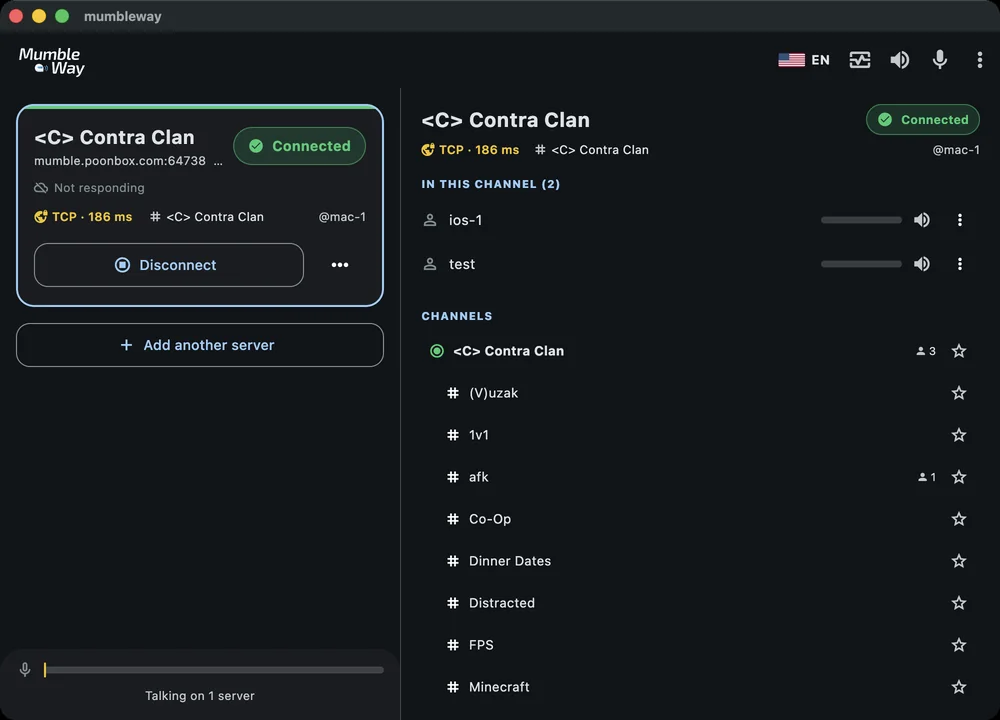 MumbleWay on macOS, connected to a public server: the server card
              down the left showing its voice path as TCP tunnelled in amber,
              two people in the channel and the channel tree on the right, and a
              live microphone meter along the bottom.