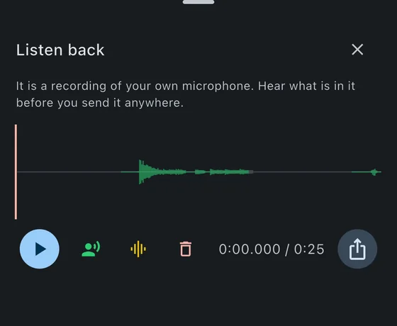 The listen-back sheet on iPhone with both switches on: the voice
              icon filled green and the chain icon filled amber, a waveform
              whose green stretches are the parts that went to the server, the
              playhead at the start, and the elapsed and total time.