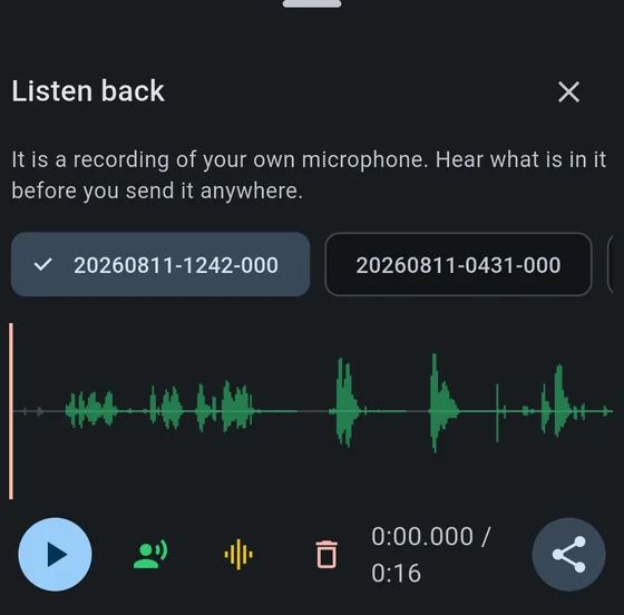The listen-back sheet: one chip per recording, a waveform whose
              green stretches are the parts that went to the server, a red
              playhead at the start, the two playback toggles filled in green
              and amber, and the elapsed and total time.