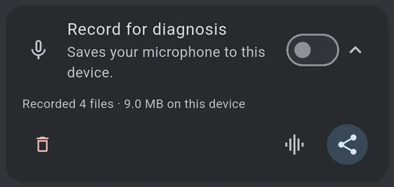 The recording card expanded, showing how many files are held and
              how much space they take, with a small red delete button at the
              far left and listen and share buttons at the far right.
