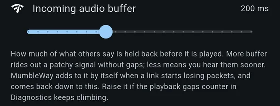 The incoming audio buffer slider at 200 ms, with the paragraph explaining what raising it does.