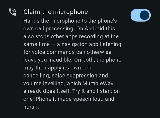 The Claim the microphone row, switched on, above its explanation
              of what the phone's own call processing does and what it costs.