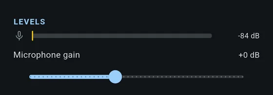 The levels section: the meter reading -84 dB above the microphone gain slider at +0 dB.