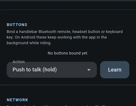 The buttons section: nothing bound yet, an action picker set to push to talk (hold), and a Learn button beside it.