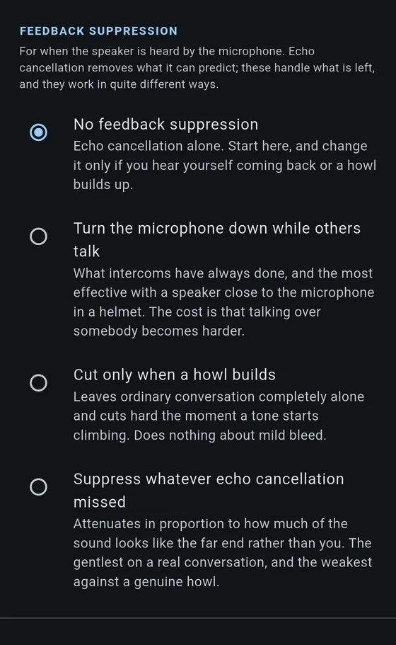 The feedback suppression section: four options, from no suppression through cutting only when a howl builds to ducking the microphone while others talk.