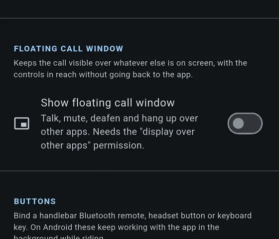 The floating call window section, with the switch that turns it
              on and a note that it needs the display-over-other-apps
              permission.