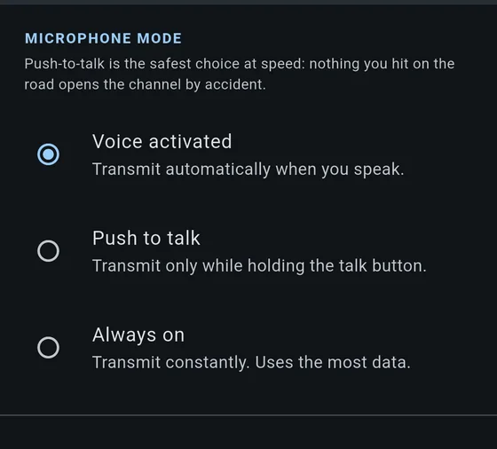 The microphone mode section: voice activated, push to talk and
              open mic, with voice activated selected.