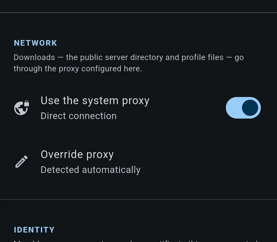 The network section: use the system proxy, on, with a direct connection, and an override that is detected automatically.