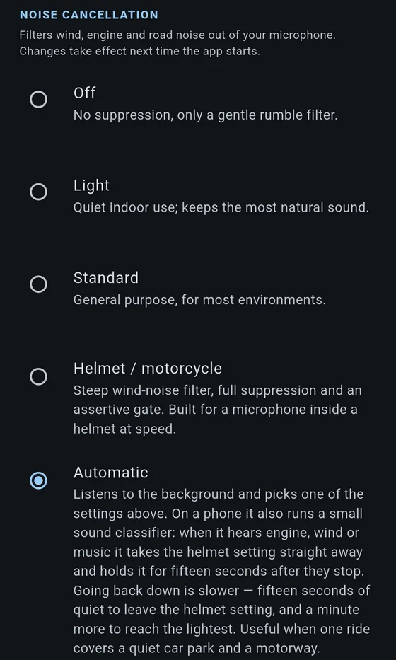 The noise cancellation section: off, light, standard, helmet and
              automatic, each with a sentence saying what it is for, with
              automatic selected and its paragraph describing the sound
              classifier and the two cooldowns.