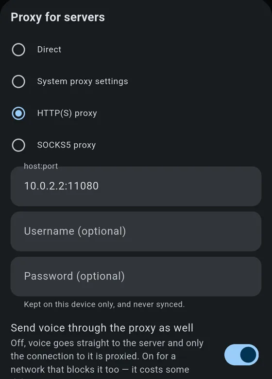 The proxy sheet: four choices — Direct, System proxy settings, HTTP(S) proxy, SOCKS5 proxy — with HTTP(S) chosen, a host and port field, optional username and password marked as kept on this device only, and a switch for sending voice through the proxy as well.